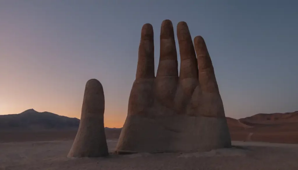 A famosa escultura "La Mano del Desierto" no Atacama, capturada ao pôr do sol, destacando-se no vasto cenário desértico.