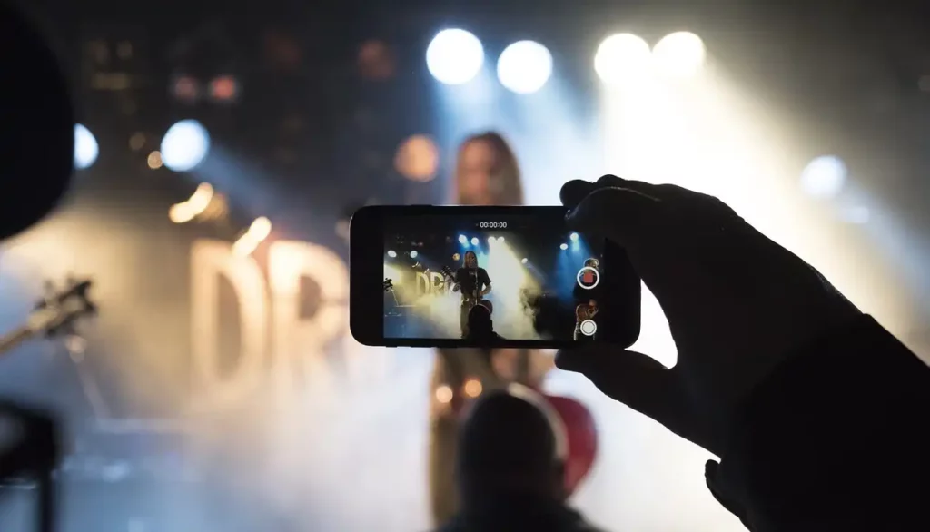 Uma mão segurando um celular enquanto grava um show ao vivo. A tela do celular mostra um músico no palco com luzes brilhantes ao fundo, capturando a energia e a emoção do evento.