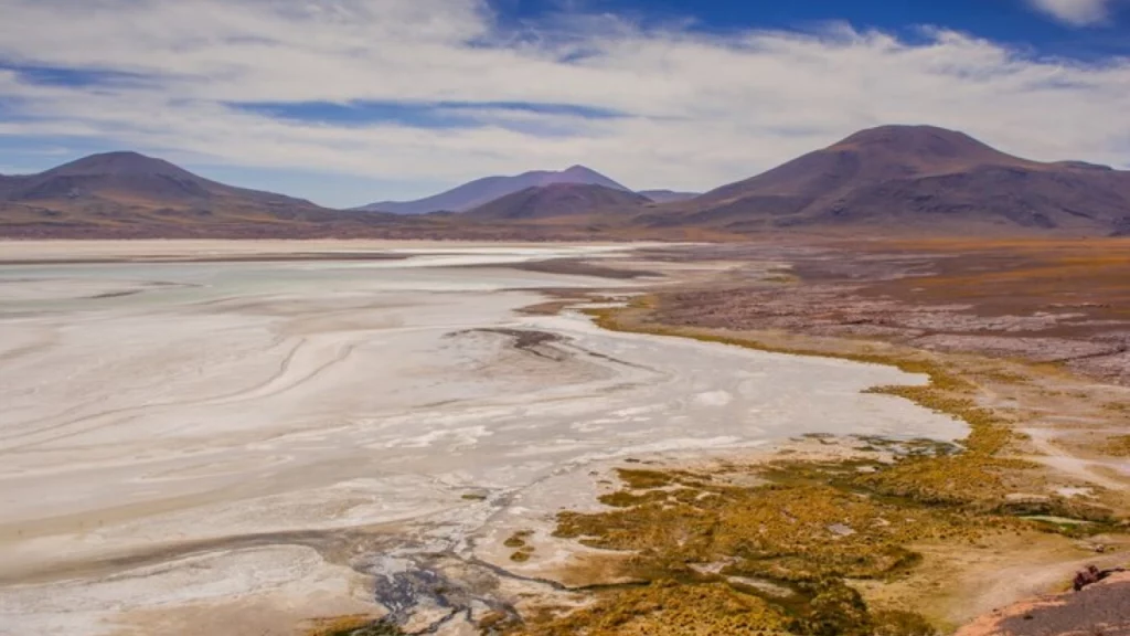 Vista panorâmica do Salar de Tara no Deserto do Atacama, com formações rochosas impressionantes emergindo da planície salgada sob um céu azul claro.