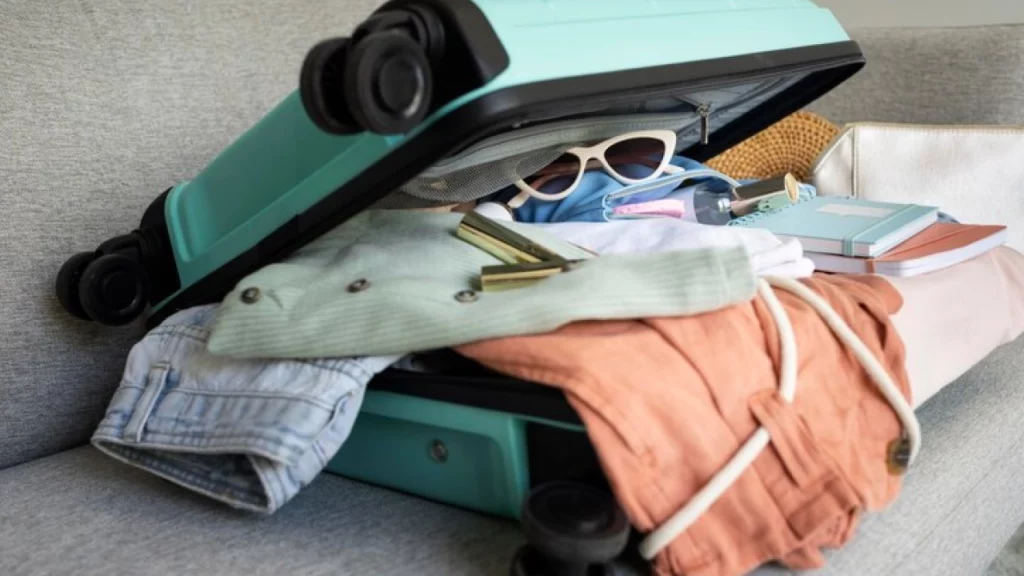 Mala de viagem verde-água aberta com roupas, óculos de sol e itens de viagem organizados parcialmente dentro.